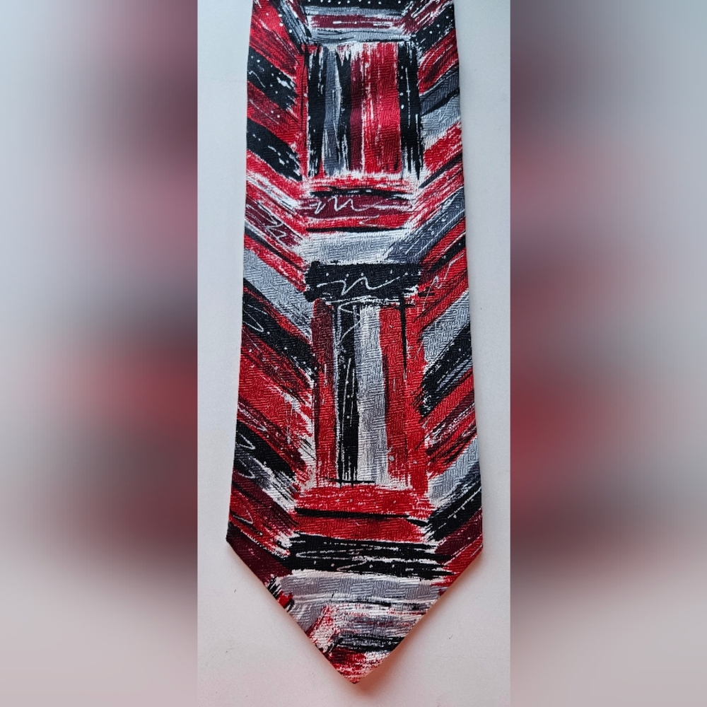 Vintage Pierre Balmain Couture 100% Silk Tie Red Black Abstract Print Handmade